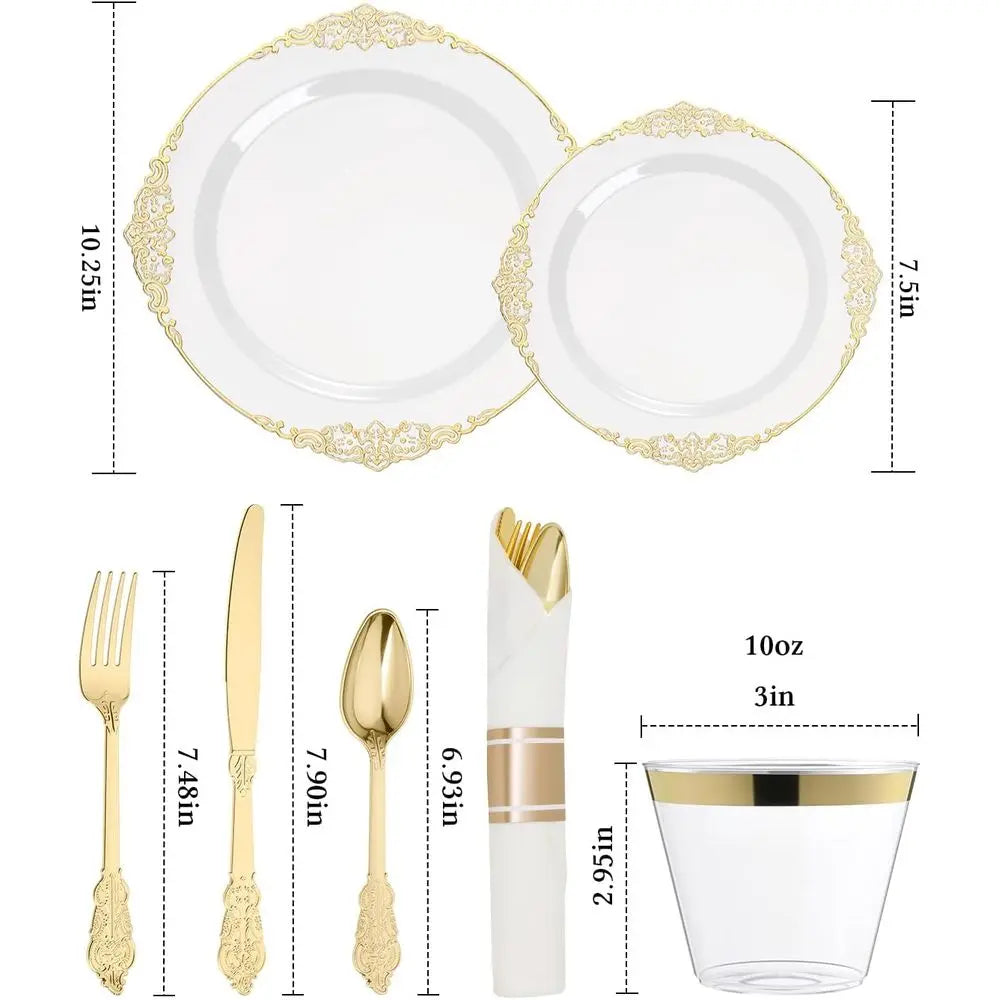 Elegant 350-Piece Gold Plastic Dinnerware Set: 100 Rimmed Plates, 150 Cutlery, 50 Napkins, 50 Cups for Parties & Weddings