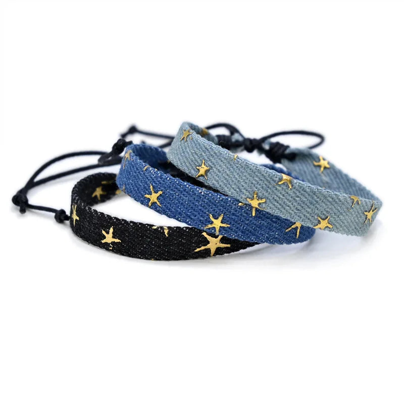 Vintage Star Pattern Blue Literary Denim Fabric Bracelet For Women Men Gothic Ethnic Handwoven Wrist Strap Fashion Jewelry Gift