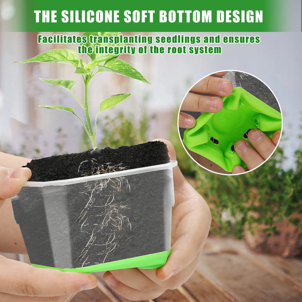 20pcs Seedling Pots - Reusable square planters with flexible silicone base and drainage holes to promote seedling root growth.