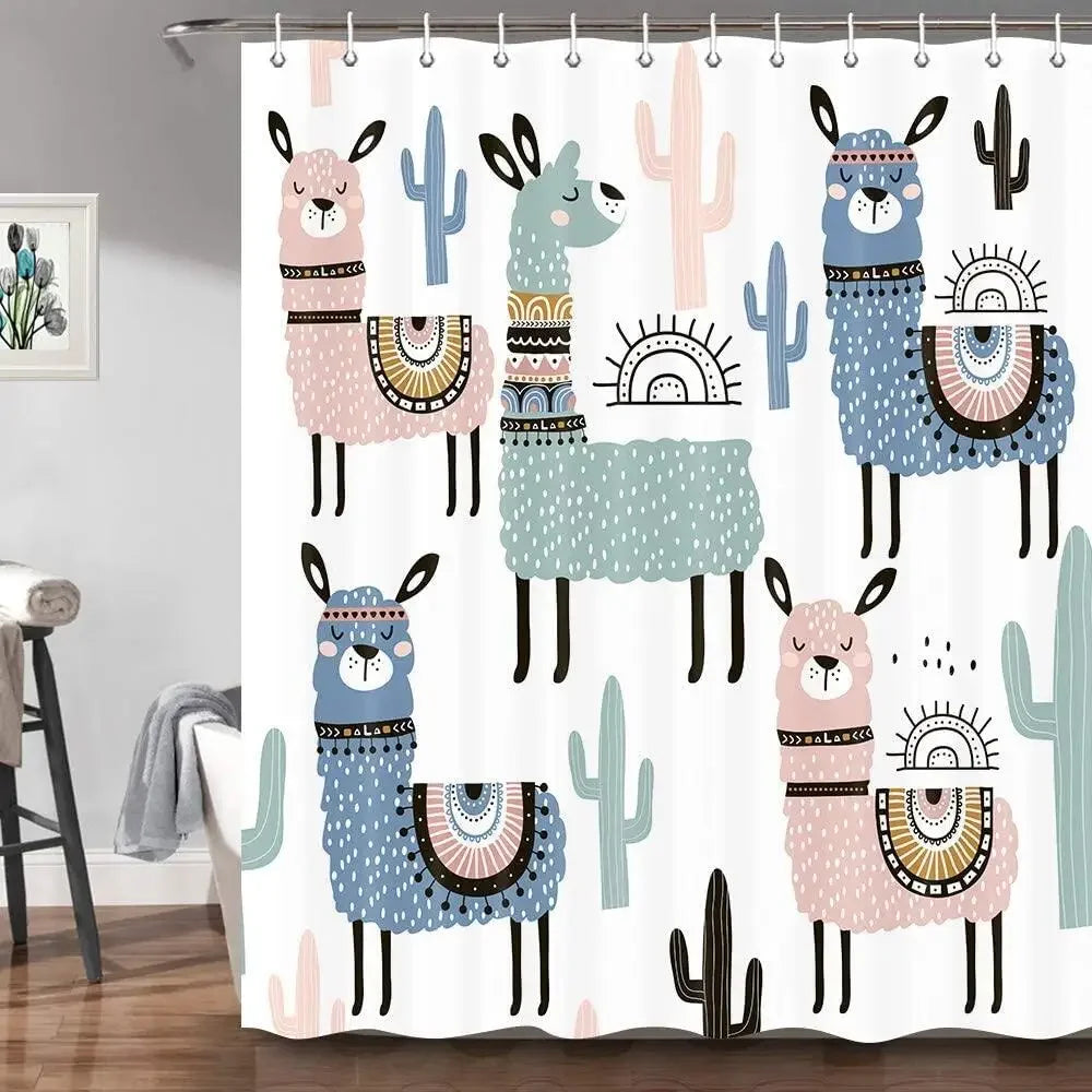 Cute Lama Alpaca Shower Curtains for Bathroom Funny Kids Cartoon Animals Colorful Llama Cactus  Fabric Decor Bath Curtain Hooks
