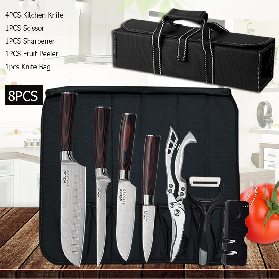 WXCOO Japanese Knife Set with Knife Bag Kitchen Knives Damascus Laser Fish Fillet Meat Cleaver Fruit Peeler Santoku Cutter