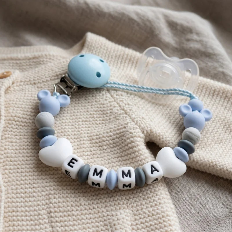 Custom Baby Name Pacifier Holder Blue Heart Silicone Beads