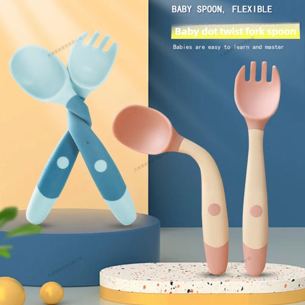 Bendable Silicone-Handle Baby Fork and Spoon Set