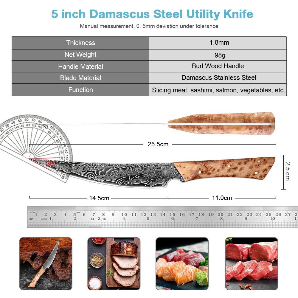 Damascus Steel Handmade Curved Edge Japanese Utility Knife,Full Tang Pakkawood Handle,High Hardness Sharp Kitchen Peeling Knife