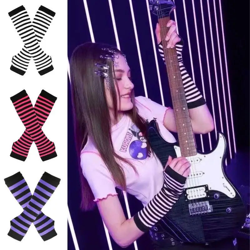 Y2K Gothic Lolita Gloves Black Striped Fingerless Arm Cover