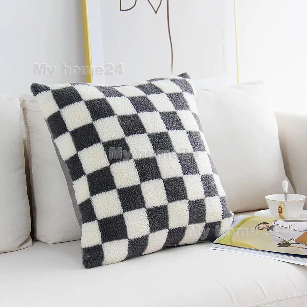 1Pc 45*45cm 50*50cm Checkerboard Plaid Plush Cushion Cover Knitted Car Sofa Throw Pillow Cover Short Fleece Pillowcase Cushion