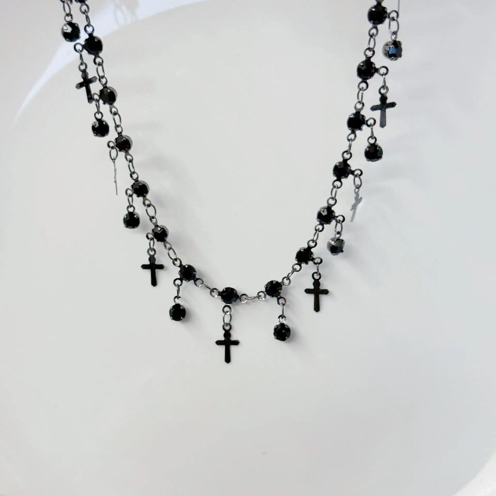 Goth Y2K Black Crystal Metal Cross Pendant Tassel Choker Necklaces
