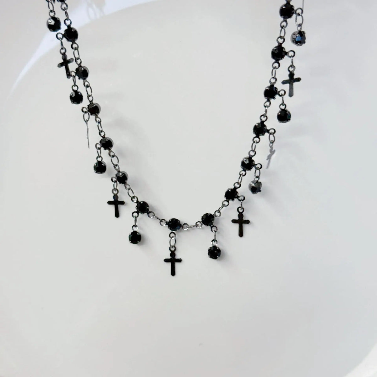 Goth Y2K Black Crystal Metal Cross Pendant Tassel Choker Necklaces