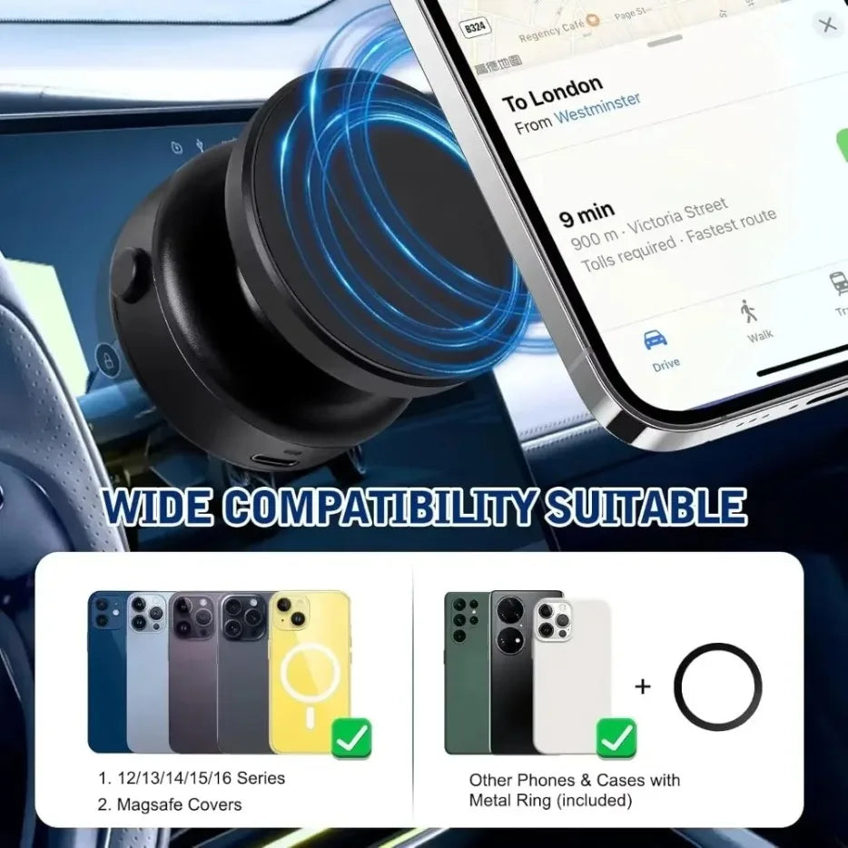 Car Center Console Wireless Charger Magnetic Vacuum Suction Cup Phone Holder for Magsafe iPhone 16 15 14 13 Fast Charging Stand