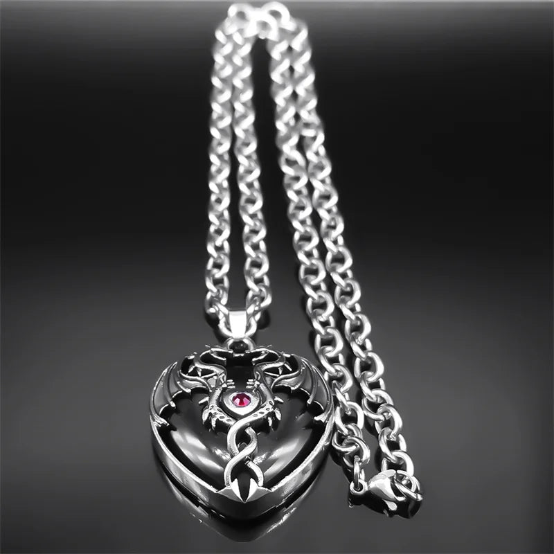Goth Double Dragon Heart Black Stone Necklace Men Women Stainless