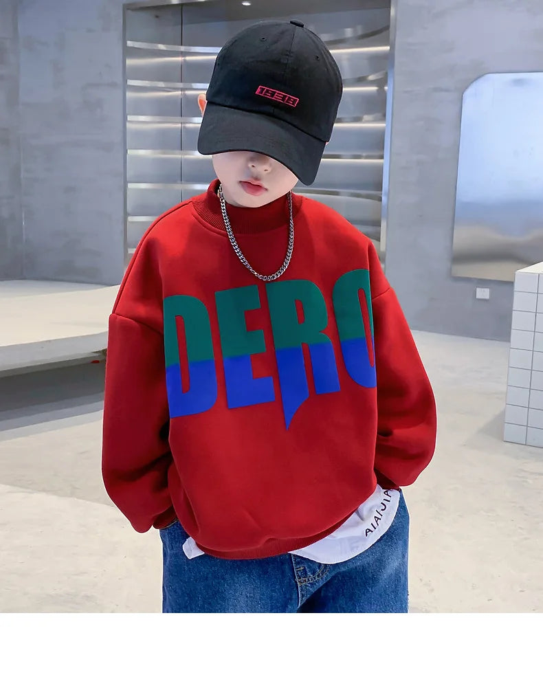 Winter Boys Warm Fleece Lined Half Turtleneck Alphabet Sweatshirt School Kids Track Pullover Coat Tops Child Work Jumper 3-16Yrs