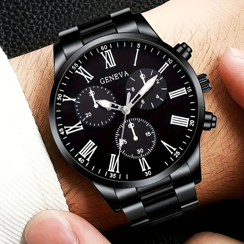 4pcs fashionable men's quartz watch - stainless steel strap, round zinc alloy case, electronic sports