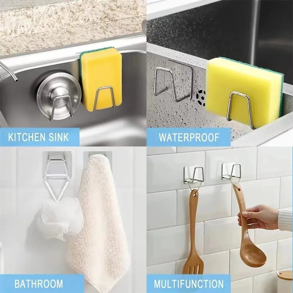 1-2Pcs Kitchen Sink Sponge Rack Drain Storage Holder Self Adhesive Stainless Steel Wire Ball Rag Brush Organizer Wall Hooks