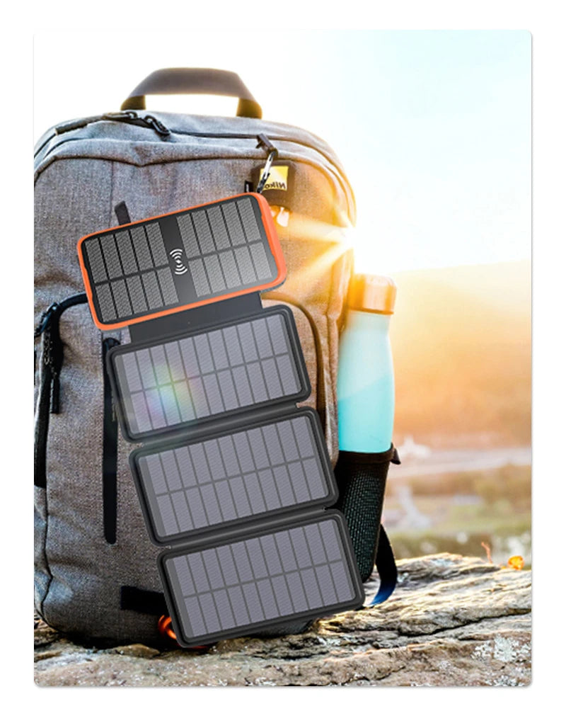 43800mAh Solar Power Bank Quick Wireless Charger External Battery Pack PD 20W Powerbank Built Cables LED Light for iPhone Xiaomi