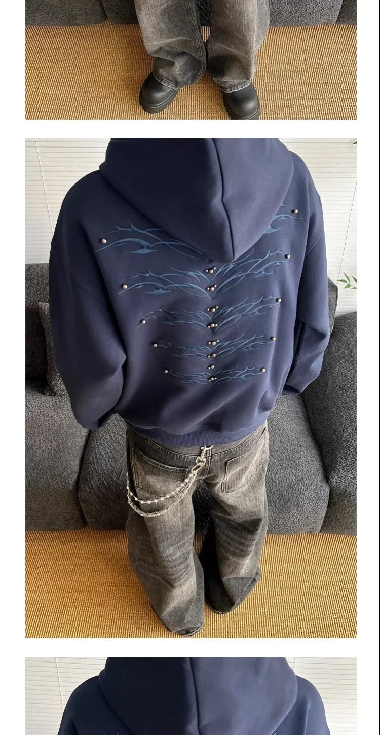 American Retro Spine Embroidered Metal Rivet Pullover Hooded Sweatshirt Men Women High Street Hip-Hop Loose Casual Streetwear