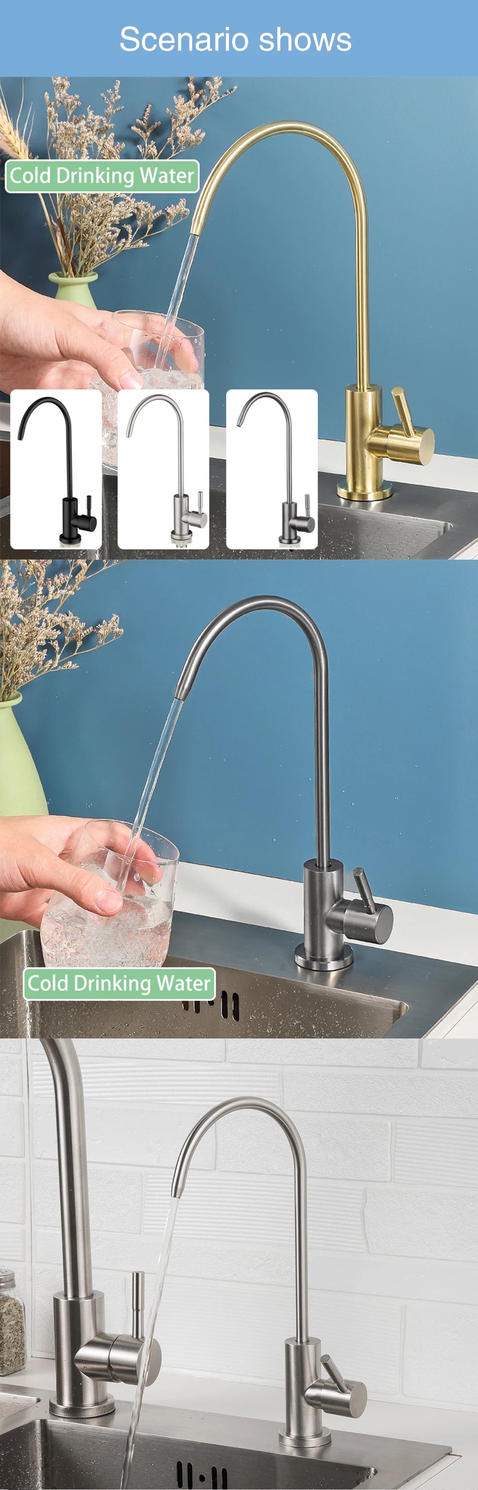 ULA 1/4"Kitchen Faucets Direct Drinking Tap Stainless Steel Water Purifier Faucet Single Cold Water Sink Faucet Filter Faucet