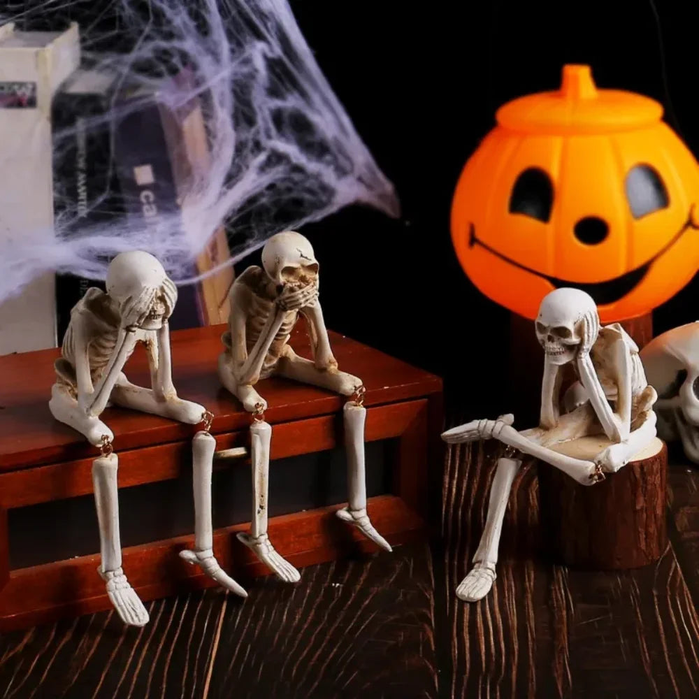Halloween Resin Skeleton Statues See Speak Hear No Evil Figurines Skull Decor for Tabletop Bookshelf Desk Home Party Ornament