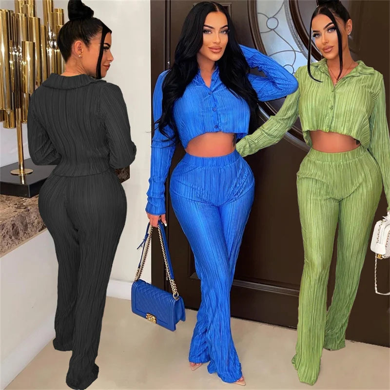 Sexy Elegant Pleated Two Piece Set Y2K Clothes For Women Long