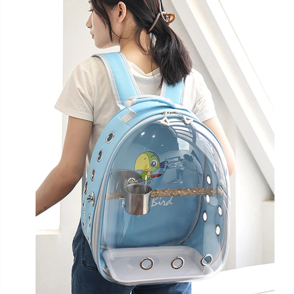 Portable Bird Cage with Prech Feeder and Tray, Acrylic Pet Backpack Bag, Parakeet, Cockatiel, Parrot, Bunny, Travel