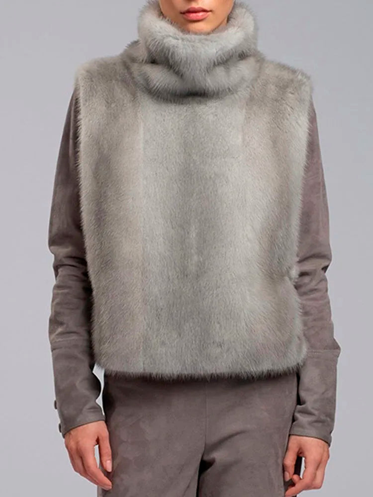 Grey Sexy Turtleneck Faux Fur Vests Womens Winter Coats 2026 Fashion Slim Sleeveless Casual Furry Jackets Female Outerwears