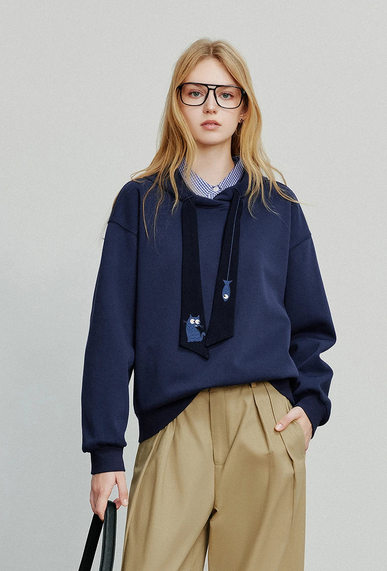 TOYOUTH Women Hoodies Sweatshirt 2025 Autumn New College Style Cat Embroidery Tie Cotton Hooded Pullover Tops