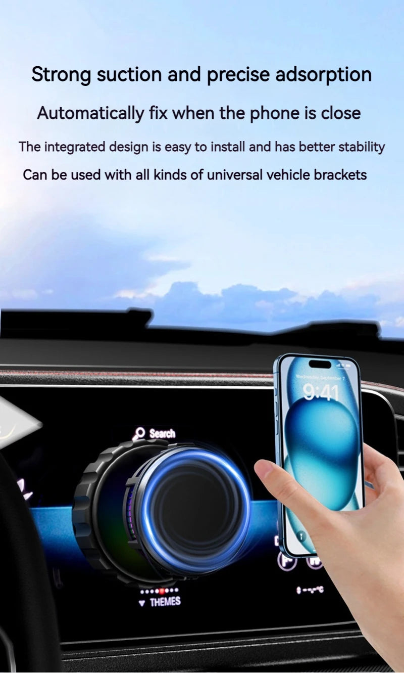15W Car Magnetic Wireless Charger Phone Stand, Suction Cup with Semiconductor Cooling & Colorful Ambient Lights, 360° Rotatable