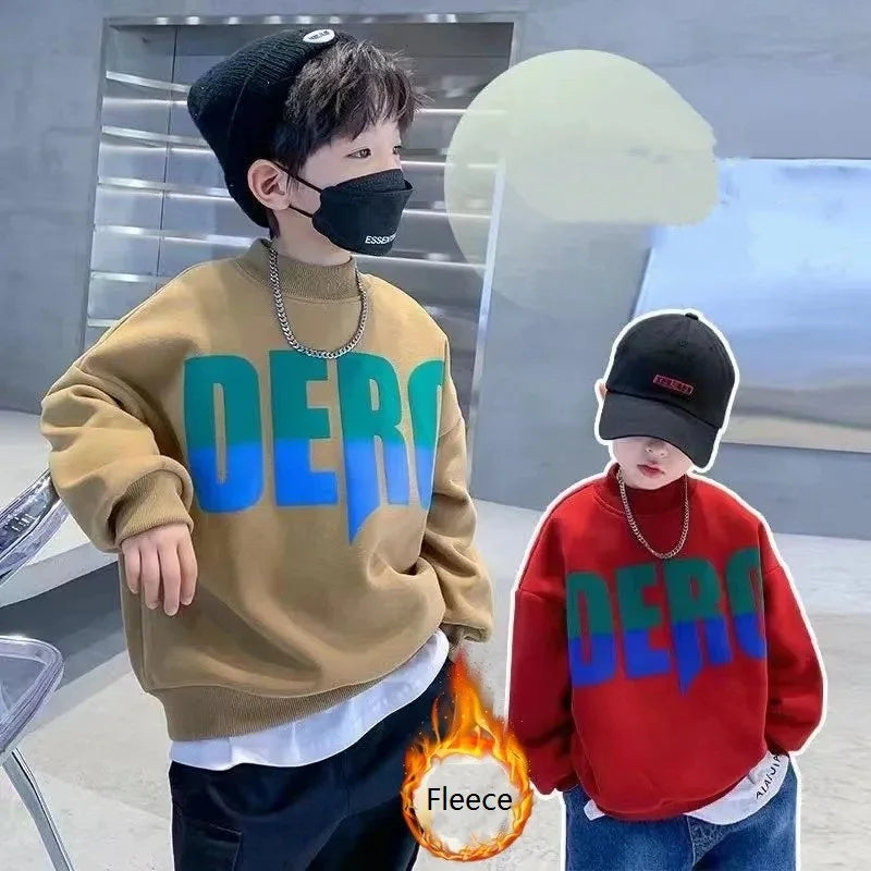 Winter Boys Warm Fleece Lined Half Turtleneck Alphabet Sweatshirt School Kids Track Pullover Coat Tops Child Work Jumper 3-16Yrs
