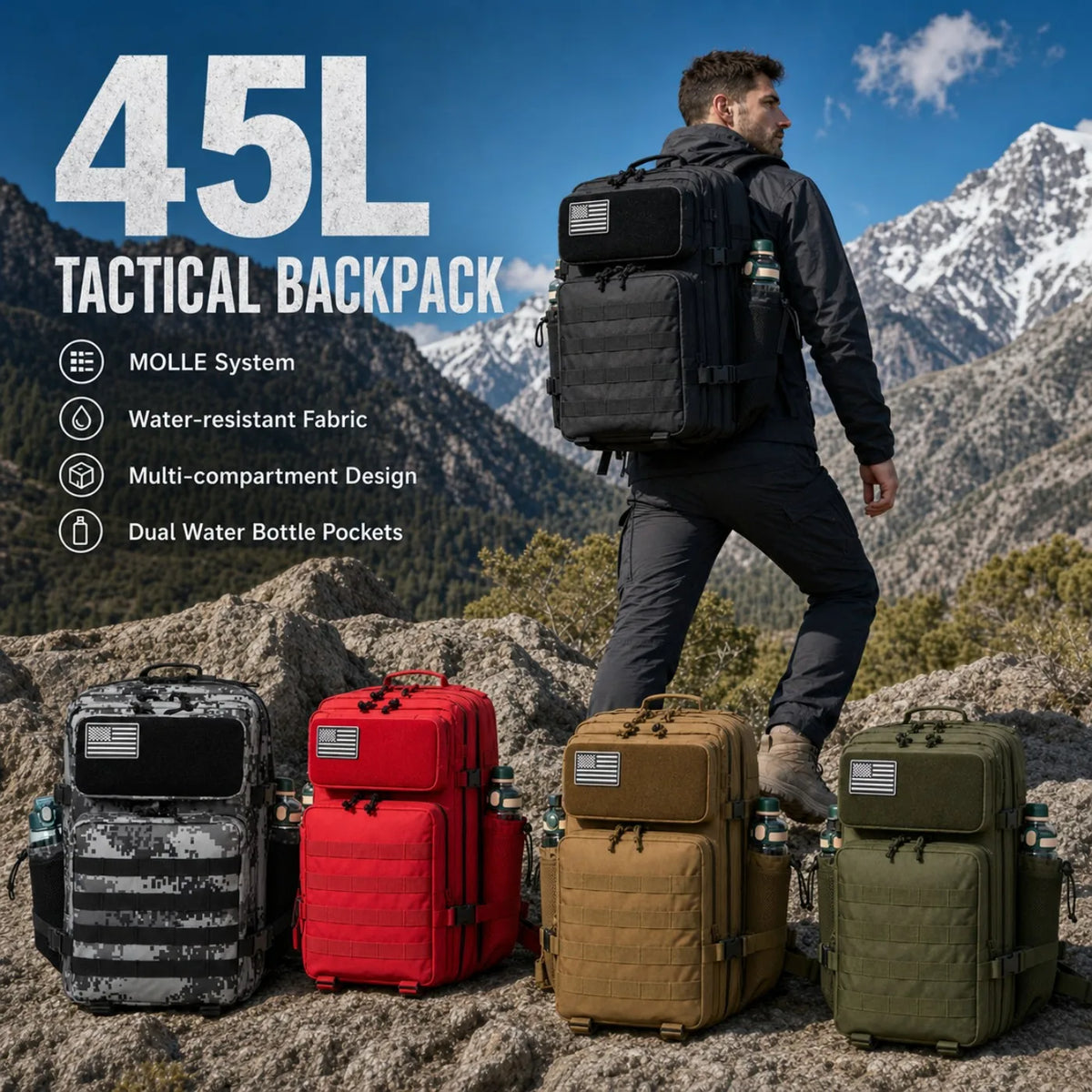 45L Large Capacity Tactical Backpack Hunting Rucksack with Dual