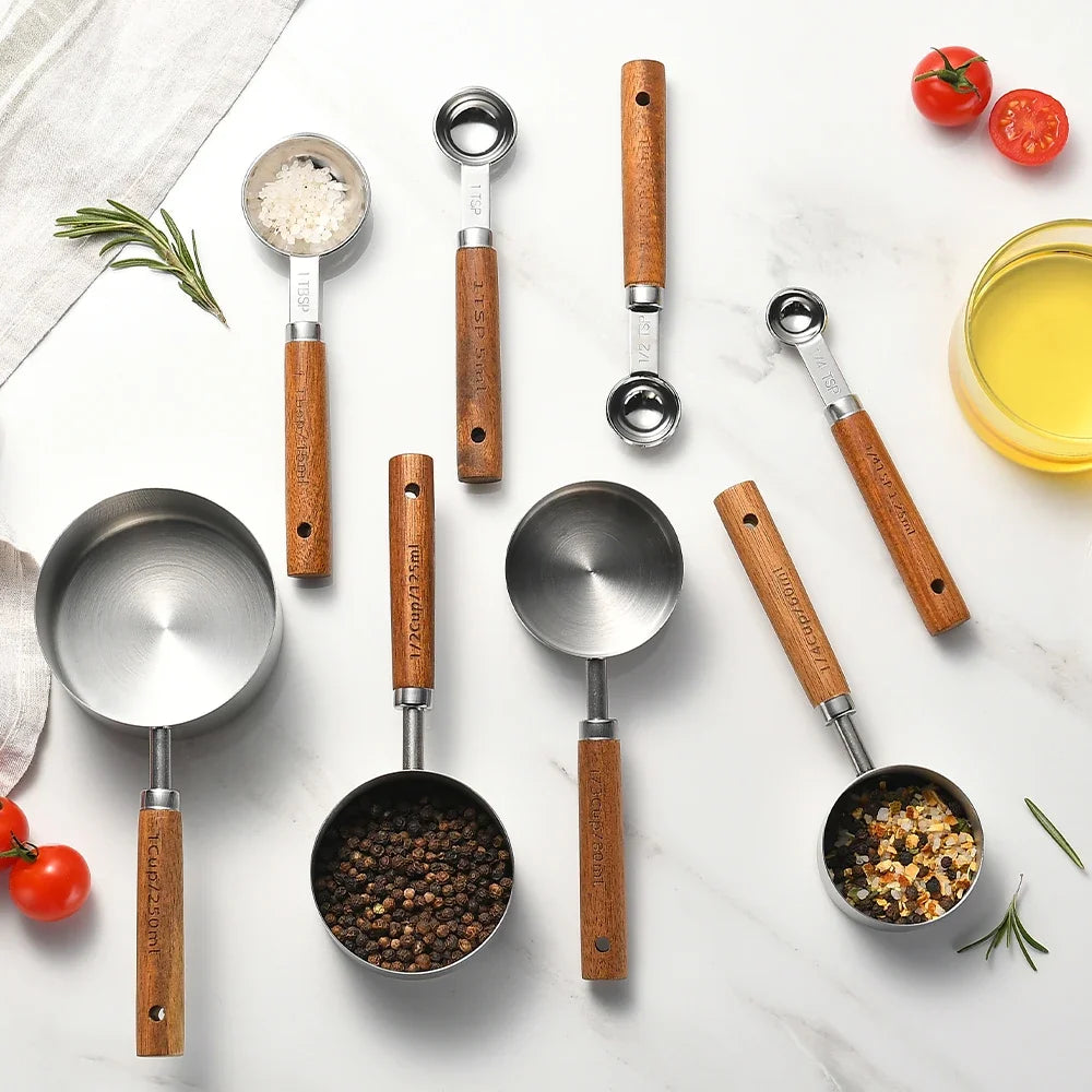 1/4Pcs Stainless Steel Measuring Cups and Spoons Set with Wooden Handles Multifunctional Baking Tool for Cooking and Baking