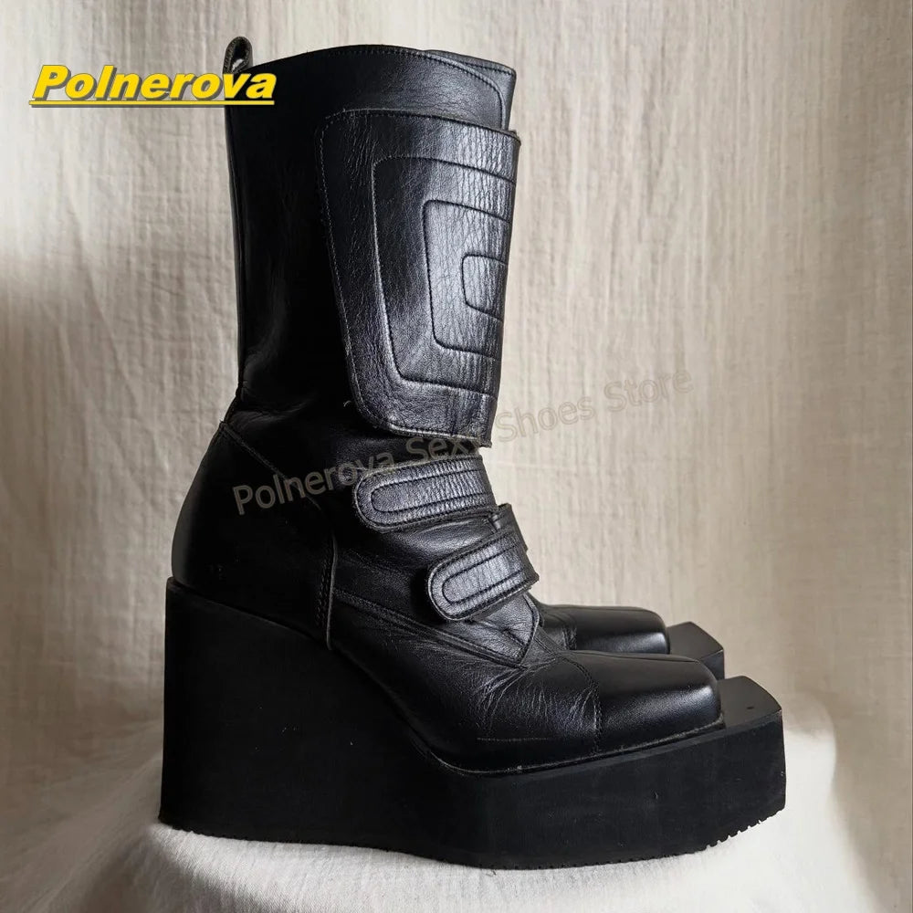 Vintage Y2K Wedge Mid Calf Boots Women Square Toe Hook and Loop