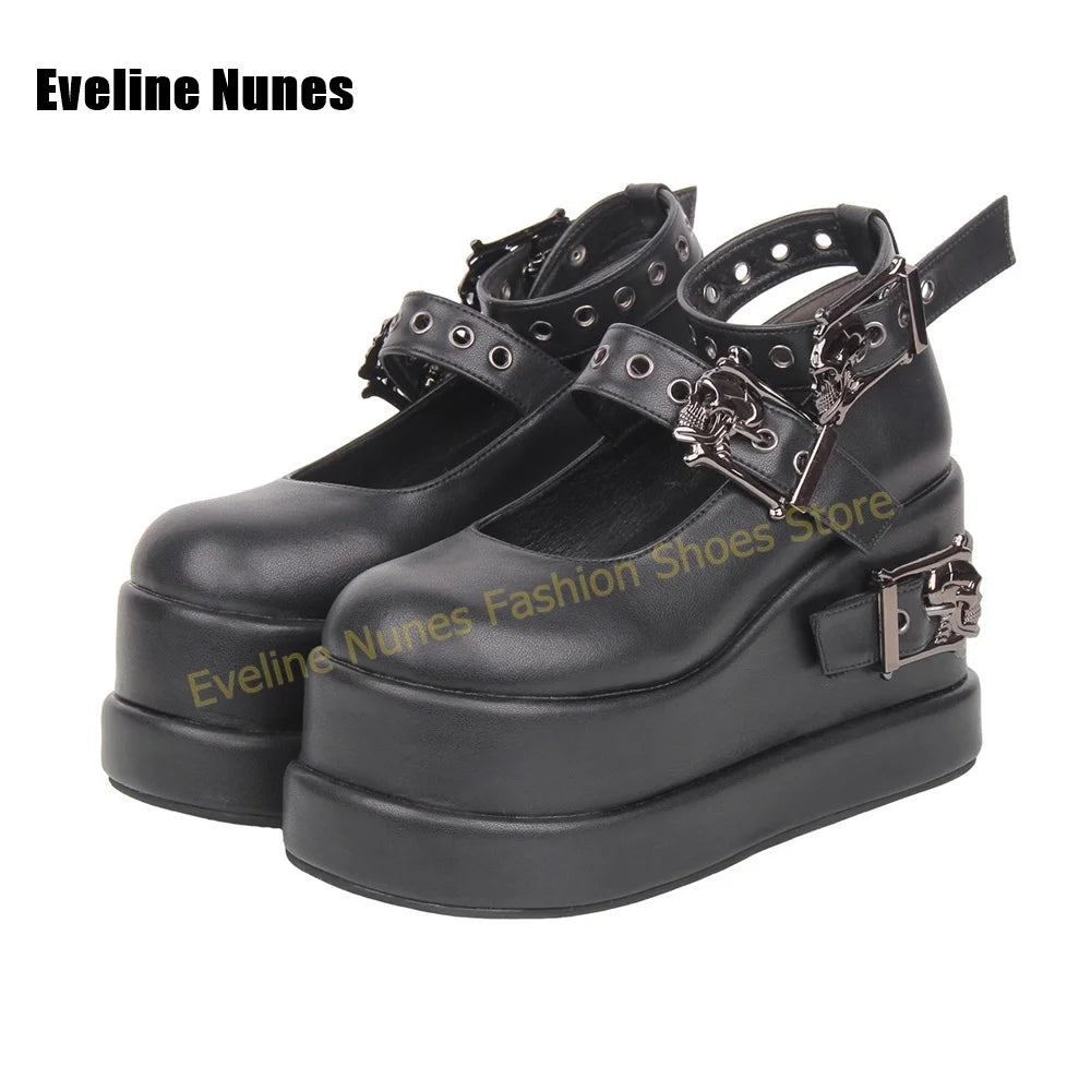 Black Faux Leather Platform Mary Janes Skull Hardware Eyelet