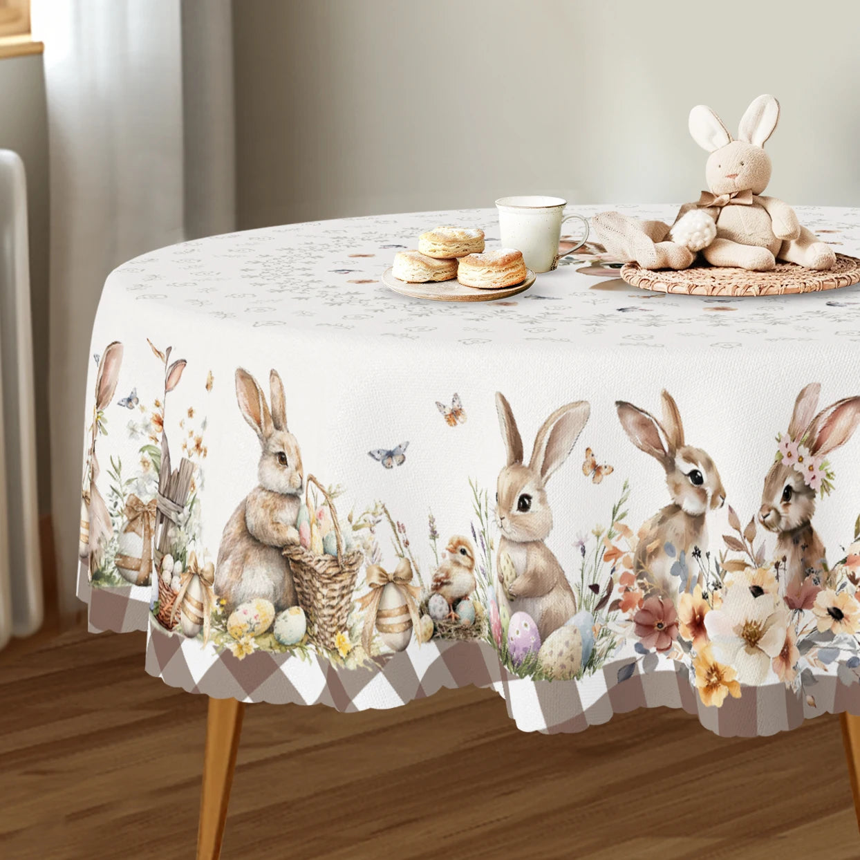 Cute Easter Themed Grey Rabbit Tablecloth - 1pc Spring Floral Print with Embossed Edge, Spring Outdoor Garden