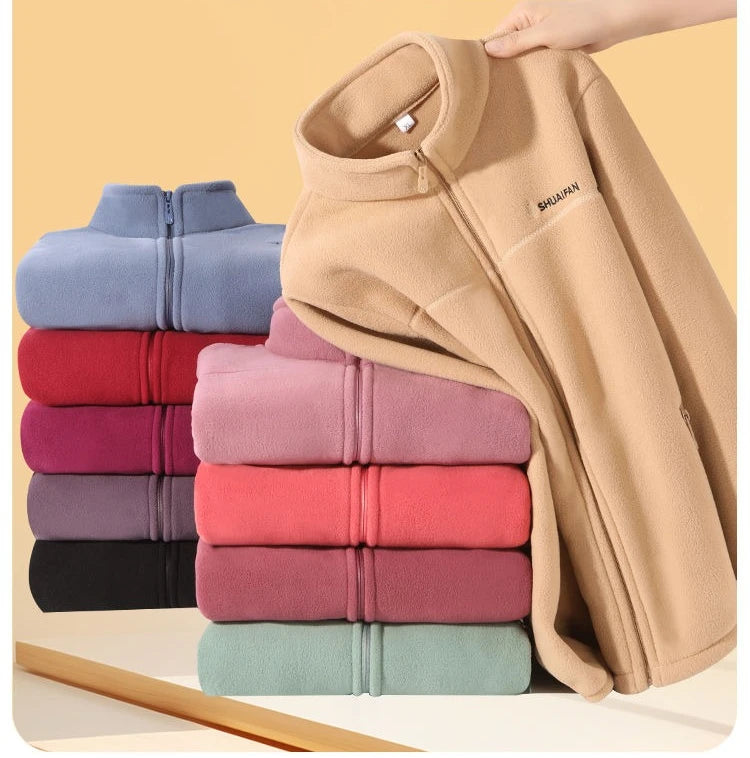 Women Thickened Fleece Winter Jacket Embroidery Zipper Thermal Plush Polar Fleece High Collar Cardigan Coats Outdoor Sweatshirt