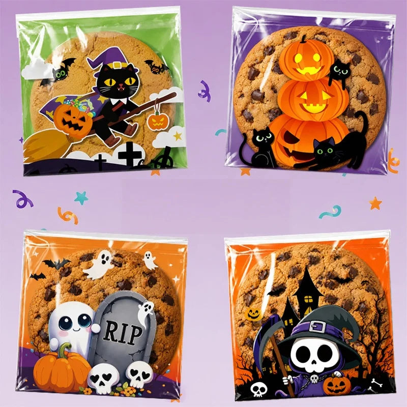 50/100/500Pcs Spooky Halloween Candy Bags Pumpkin Ghost Gift Cookie Self-Sealing Bags Halloween Party Decor Trick or Treat