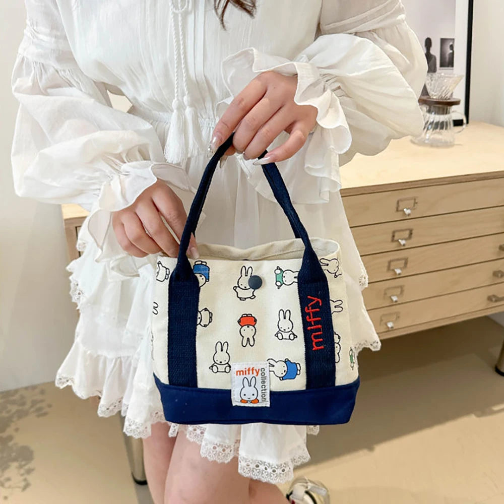 Kawaii Miffy Cute Handbag Cartoon Rabbit Canvas Embroidery Fashion Bento Multifunctional Storage Bag Girl Gift
