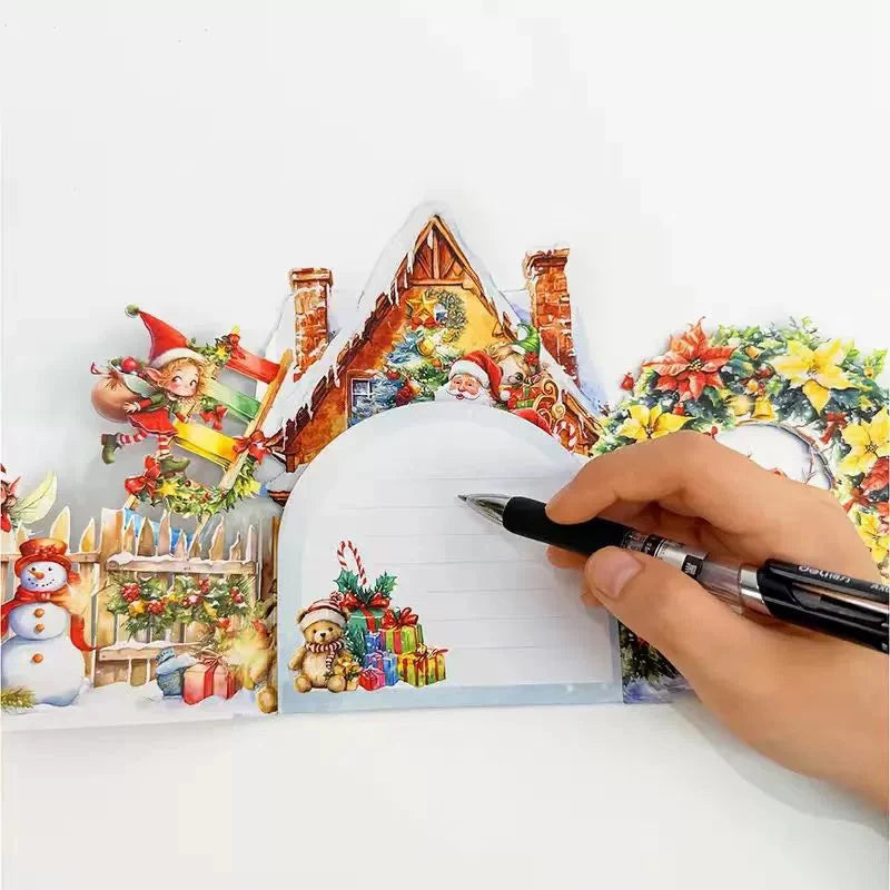 3D Christmas Card Night Before Christmas Scene With Santa, Reindeer, Snowy Village & Moonlit Sky Festive Holiday Greeting Card F