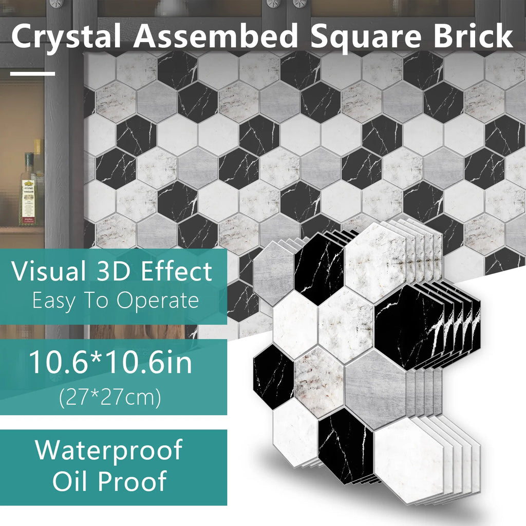 5 Styles Flat Hexagon Marble Embossing Tile Wall Stickers Oil-Proof Kitchen & Bathroom Washbasin Glossy Surface Decorative Mural