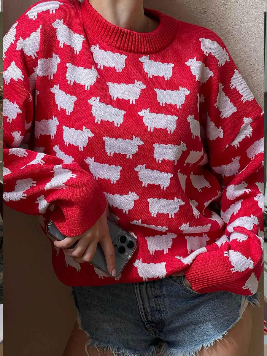Sheep Printing Elegant Women Sweater Warm Knitted Classic O-Neck Pullover Tops 2024 Autumn Winter Long Sleeve Streetwear Sweater