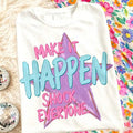 Women's Make It Happen Print Retro Star Lettering Aesthetic Inspirational Slogan Summer Casual Short Sleeve Crew Neck Graphic T‑Shirt Tee Top