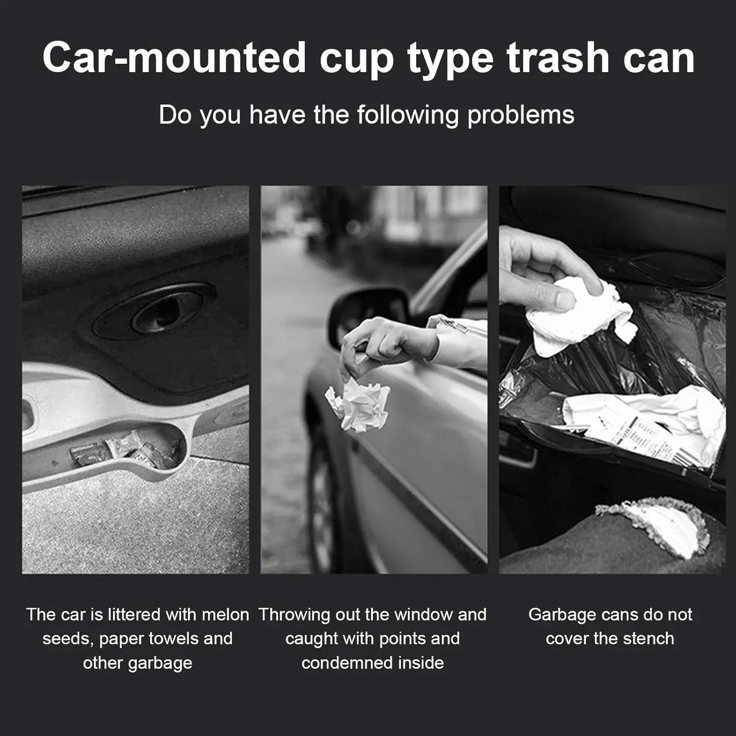 Mini Vehicle Trash Can with Lid, 800ml Portable Car Cup Holder, Portable Trash Can for Car, Kitchen, Office, Home, Black