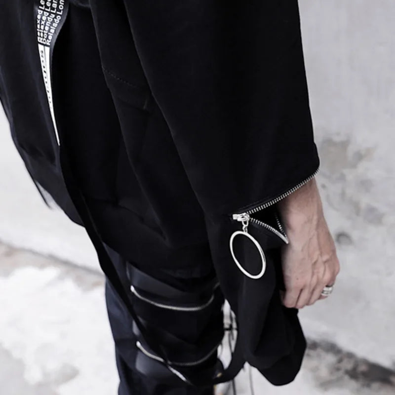 HKSH Spring Autumn New Outfit China-Chic Dark Ribbon Zipper Men Tide Dark Hooded Sweatshirt Original Punk Ins Cargo Pants HK0531