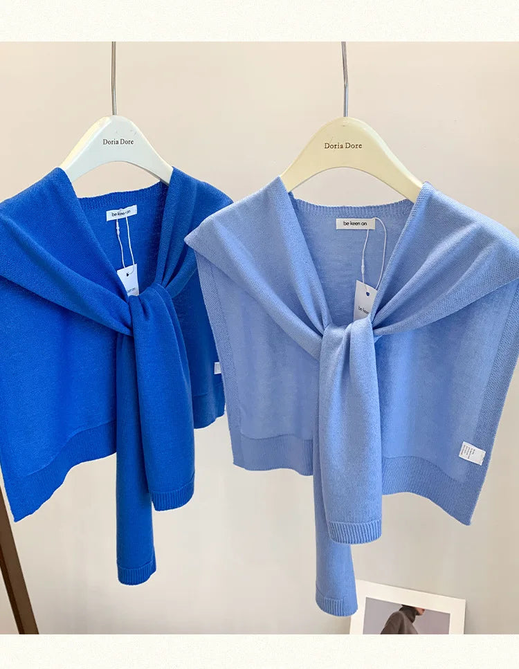Korean Knitted Shawl Summer Fashionable Versatile Fake Collar Neck Guard Knotted Cape Shoulder Scarf Solid Color Scarve Women