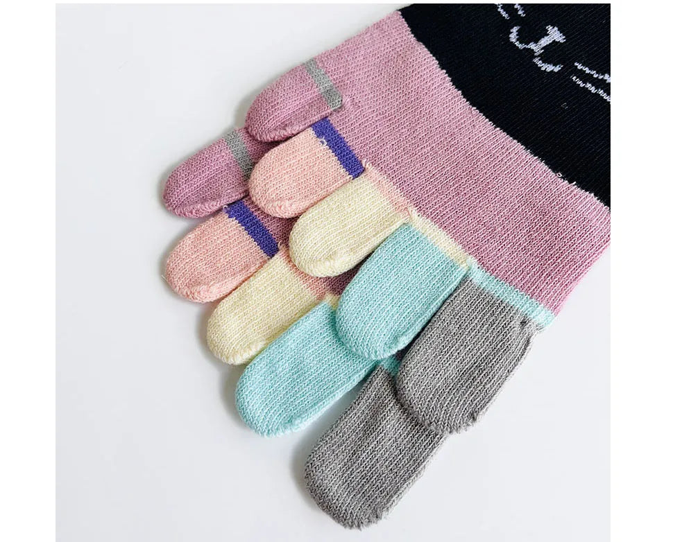 Cute Short Toe Socks Women Girl Cotton Striped Cat Love Fashion Sweat-Absorbing Anti-Bacterial Breathable Warm Five Finger Socks