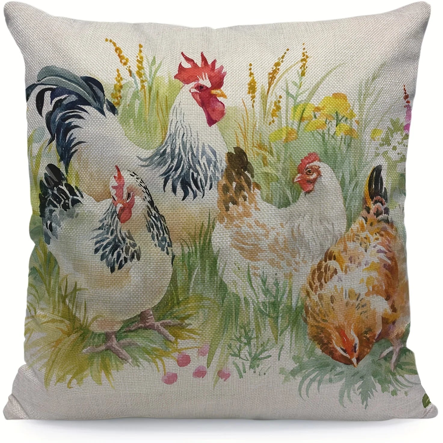Beige Chicken Rooster Farm House Pillow Cover Square Linen Cushion Cover, Home Decor, Collectible Buildings Accessories