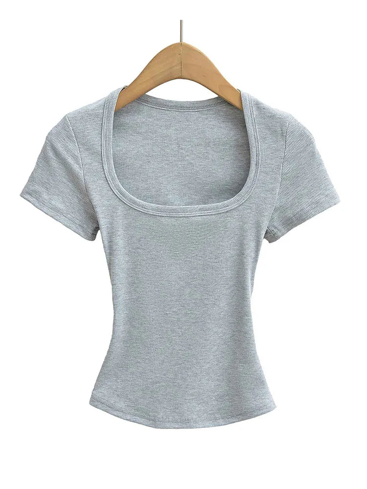 Square Collar High Stretch Summer Crop Tops Women Short