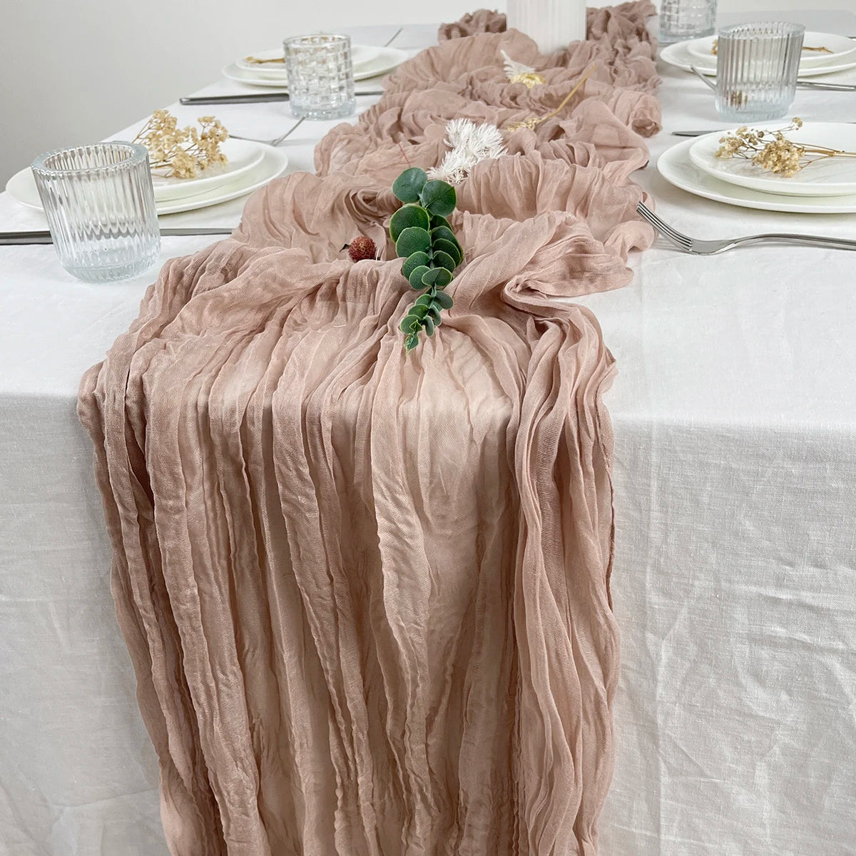 Wedding Pink Gauze Table Runner Semi-Sheer Vintage Cheesecloth Table Setting Dining Party Christmas Banquets Arches Cake Decor