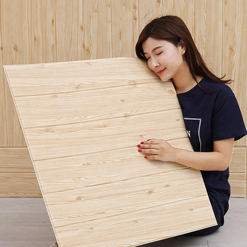 35*35cm 10Pcs 3D Wood Grain Adhesive Wall Wallpaper Waterproof Wall Stickers Living Room Kitchen Background Wall Decoration