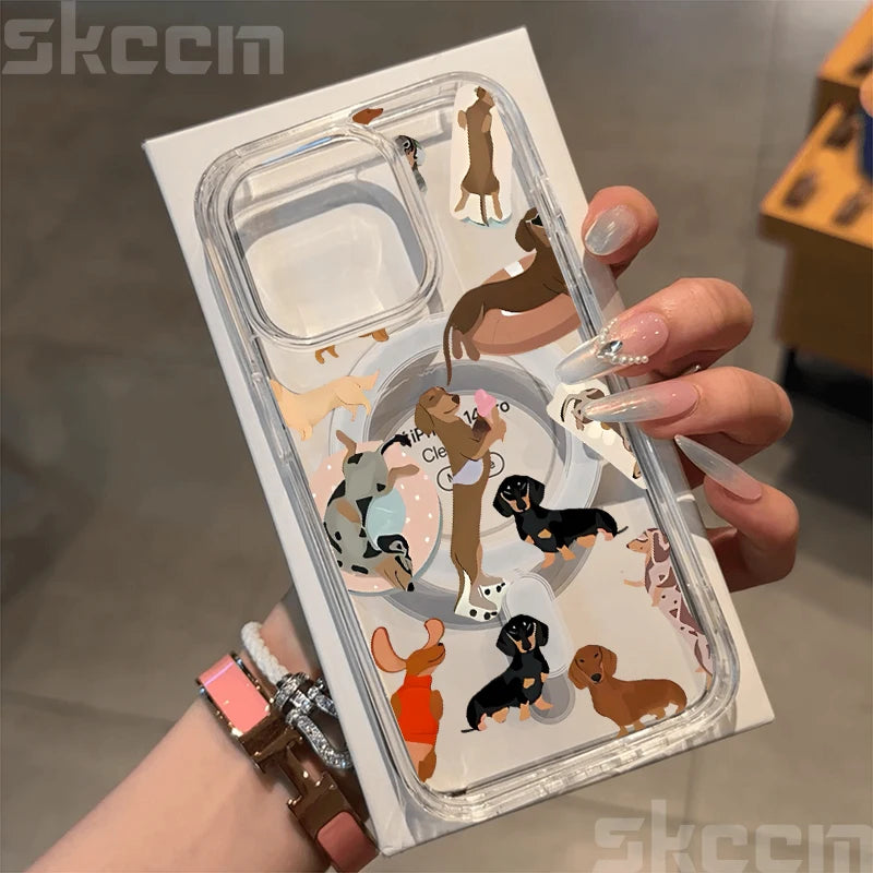 Cute Dachshund Bulldog Pattern Magnetic Phone Case For iPhone 17 16 15 14 13 12 11 Pro Max 16E X XS XR Clear Hard Cover