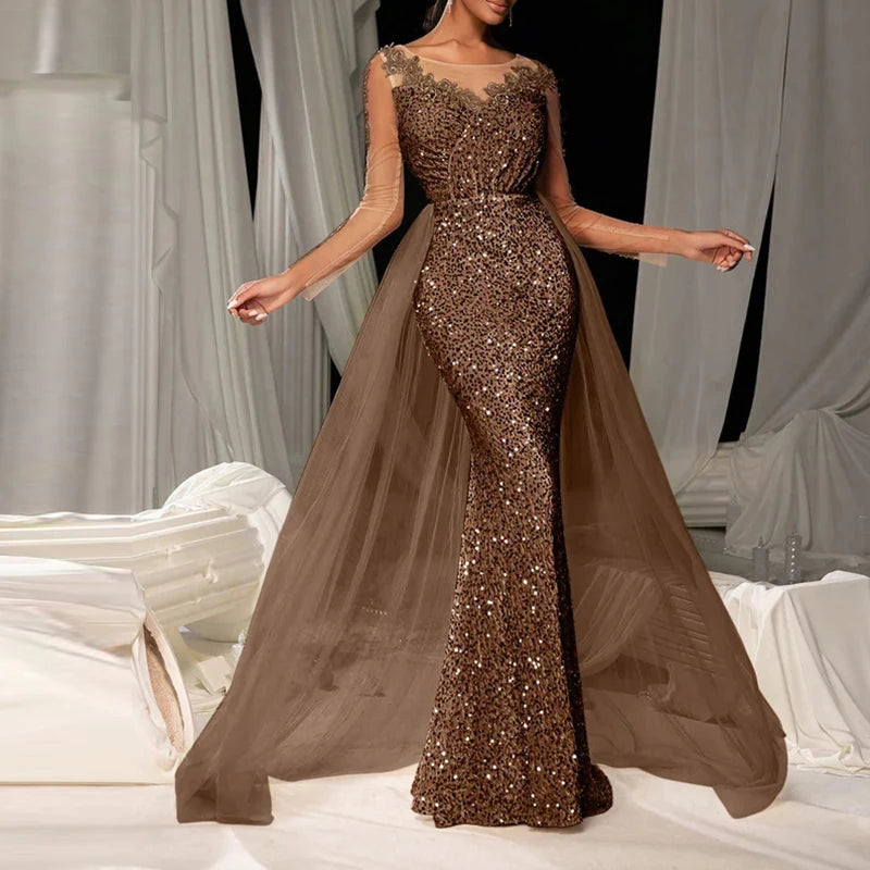 Fashion Solid Color High Waist Glitter Dress Luxury Long Sleeve Slim Dress Elegant V-neck Lace Sequin Mesh Spliced Evening Dress