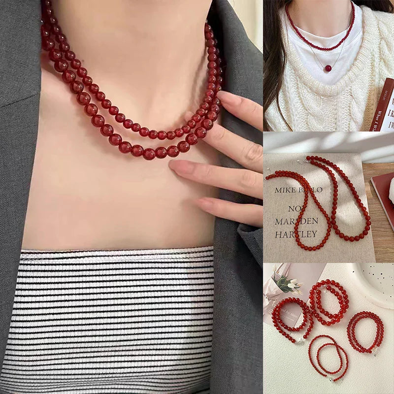 Vintage Red Beaded Necklaces For Women Chinese Style Glass Beads Necklace Exquisite Elegant Choker Aesthetic Jewelry Accessories
